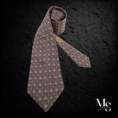 Corbata de seda HERMES PARIS 7072 TA marrón novedad estampado de hojas Francia con: 3,5" EXCELENTE ESTADO Foto 1 de 4