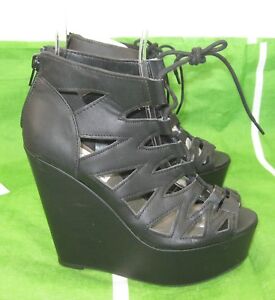 new Black 5"Wedge Heel 2"Platform Open Toe Lace Up Sexy Shoes WOMEN Size 7.5