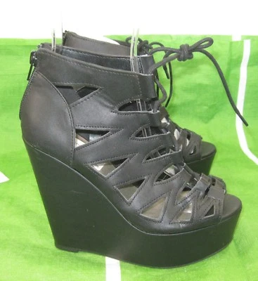 SODA Black 5"Wedge Heel 2"Platform Open Toe Lace Up  Shoe WOMEN  Size 6 - Image 1 of 4