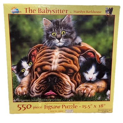 New! SunsOut 550 pc Marilyn Barkhouse Jigsaw Puzzle "The Babysitter" Cats, dog! - Image 1 of 4