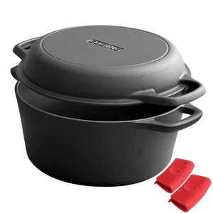 2-in-1 Pre-Seasoned Cast Iron Dutch Oven Pot with Skillet Lid Cooking Pan, Ca... - Picture 1 of 5