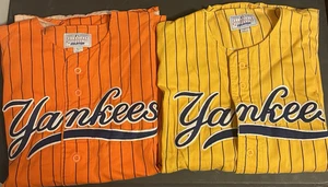 Pair Vintage LG Starter Yankees Pin Stripe Button Up Jersey Shirt Orange/Yellow - Picture 1 of 11
