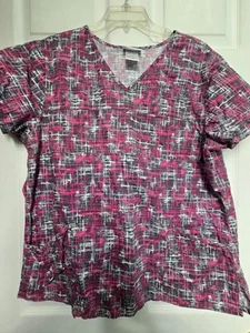 Scrubstar Scrub Top Size XL-Grey/Pink Plaid V-Neck Chest 25"/L 27" - Picture 1 of 4