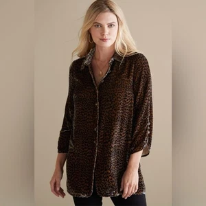 Soft Surroundings Icon Silk Velvet Poets Tunic Shirt Leopard Animal Button L - Imagen 1 de 12