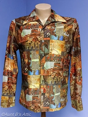Vintage 70's Men's Custom Tailored Medieval Picture Print Multi Color Shirt Lg - Image 1 of 4
