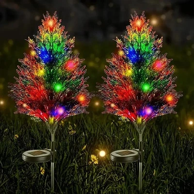 TKOOFN 2Pcs LED Christmas Tree Solar Lights Stake Lamp Path Garden Outdoor Xmas Decor