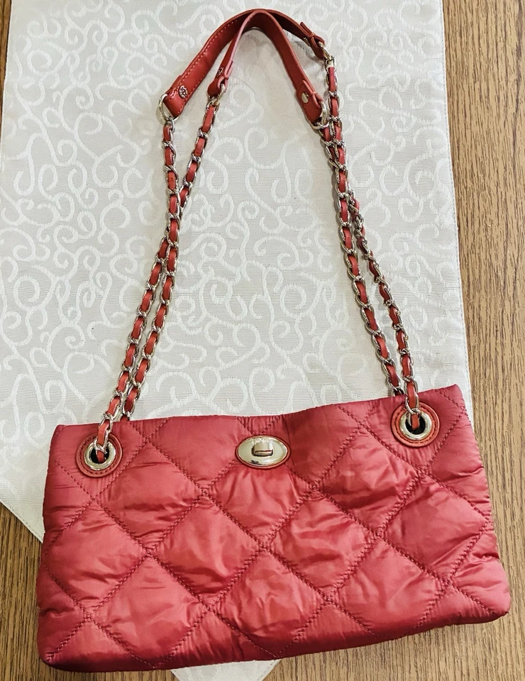 Bolso Bandolera DKNY Acolchado Nylon Delgado Naranja Quemado Óxido Cadena Correa Foto 1 de 4