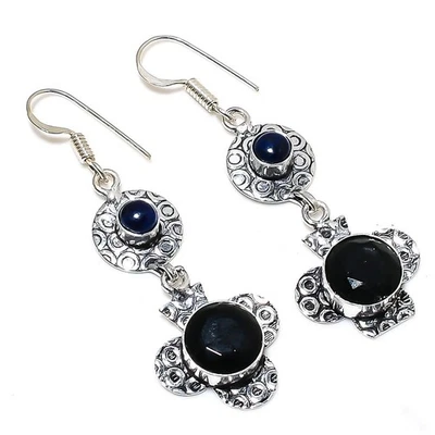 Nero Spinello, Lapislazzuli Gemma a Mano 925 Argento Sterling Orecchino 5.5cm - Immagine 1 di 4