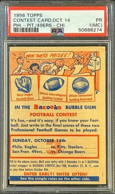 1956 Topps Football Contest Card "3" Oct 14 Eagles-Steelers/49ers-Bears  PSA 1 - Image 1 of 2