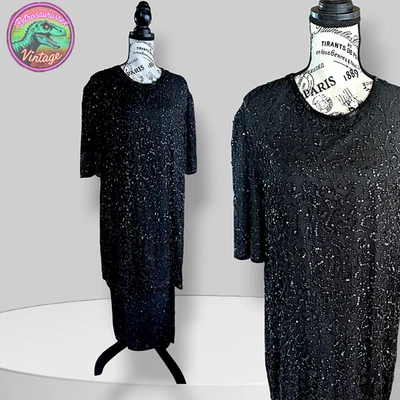 Vestido Negro Vintage Bombshell Glam Silky Nites Cuentas Lentejuelas, 2X Plus Foto 1 de 4