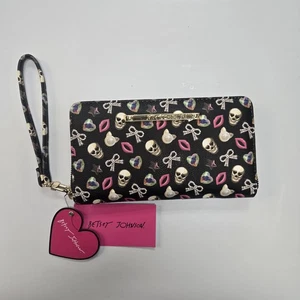PORTAFOGLIO BETSEY JOHNSON NERO ROSA TESCHI GATTI FIOCCHI LABBRA ZIP INTORNO AL POLSO NUOVO CON ETICHETTE - Foto 1 di 11