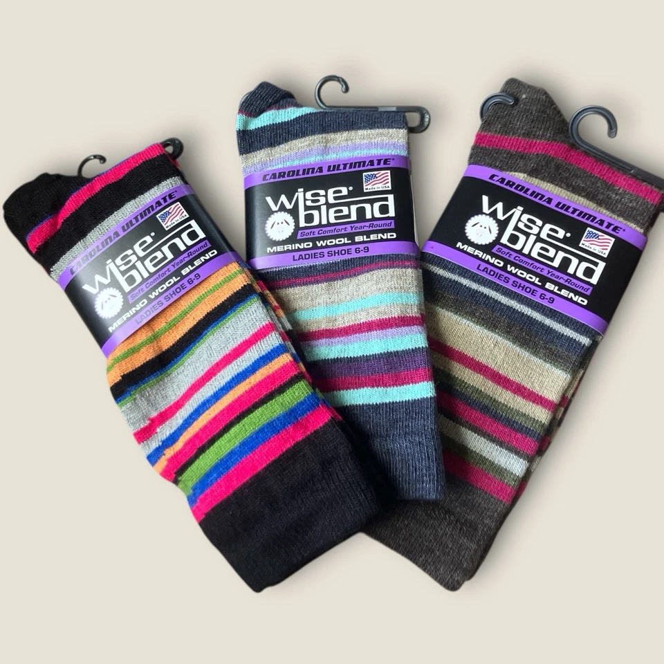 Ladies 6-9 Marino Wool Blend Made USA 3 Pair Socks Multicolor Striped - Image 1 of 4