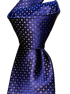 $295 NWOT BRIONI Indigo Blue w/Tan white geometrics men 3.6" woven silk neck tie - Image 1 of 4