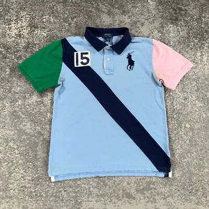 Ralph Lauren POLO Shirt Boys XL Blue Pink Colorblock Big Pony Logo Preppy Pastel - Picture 1 of 15