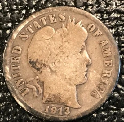 A VINTAGE GOOD/VG 1913 P BARBER SILVER DIME COIN-OLD US COIN-SEP313 - Image 1 of 2