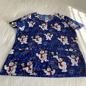 Frosty The Snowman Unisex Scrub Sz Small V Neck Nursing Medical Uniform Winter - Picture 1 of 9