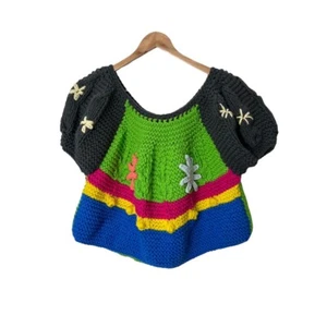 Granny Square Crop Crochet Sweater Handmade Bright Lime Pink Crocheted M 2133 - Picture 1 of 3
