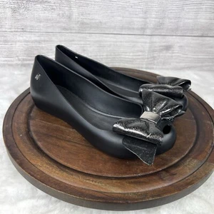 Melissa Ultragirl Women's Black Glitter Bow Jelly Ballet Flats Shoes Size 6 - Picture 1 of 10