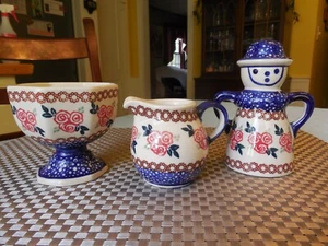 Polish Pottery Lot of 3; Pepper Shaker, Creamer and Footed Bowl - Picture 1 of 10