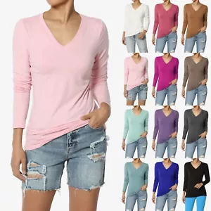 Women's Essential Soft Jersey V-Neck Long Sleeve T-Shirts Basic Stretch Slim Tee - Picture 1 of 122