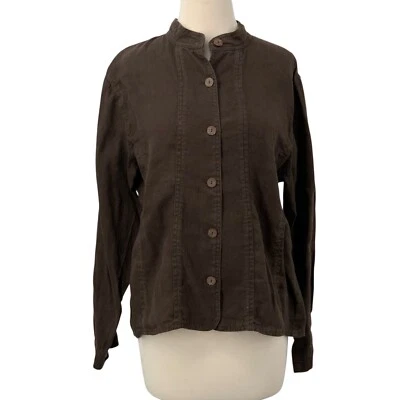 Chico's Long Sleeve Button Down Linen Shirt/Jacket Mandarin Collar Brown Sz 2/L - Image 1 of 4