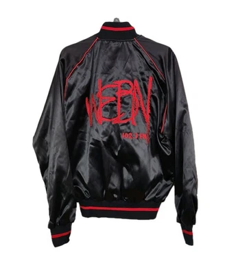 NUEVO CON ETIQUETAS HECHO EN EE. UU. Años 70 80 Holloway Vintage WEBN Negro Satinado Chaqueta Bombardero Para Hombres Grande Foto 1 de 4