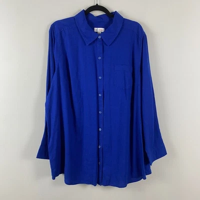 Denim & Co. Camisa de linho stretch mescla botão tamanho 2X azul sólido manga longa - Imagem 1 de 4