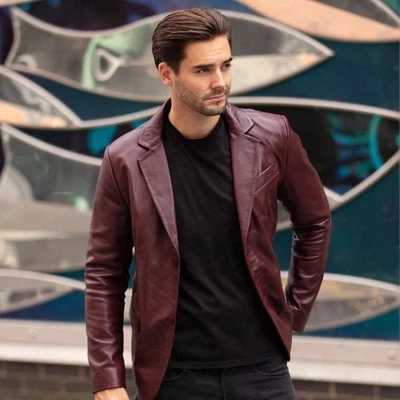 Mens Burgundy Genuine Leather Blazer Classic Two Button Vintage Jacket Coat Gift - Image 1 of 4