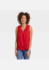 Knox Rose Women Small Rebel Red Eyelet Lace Rib Knit Tank Top Boho Summer Tassel - Picture 1 of 8