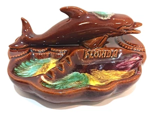 Vintage Florida Dolphin Souvenir Cigarette Ashtray Glazed Ceramic Japan - Picture 1 of 8