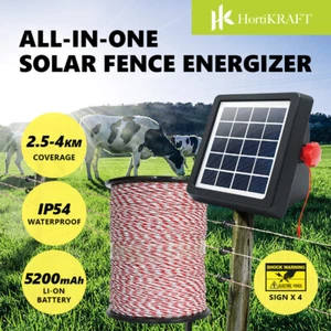 HORTIKRAFT 2.5-4KM All-in-one Solar Fence Energizer Electric 500m Poly Rope - Picture 1 of 30
