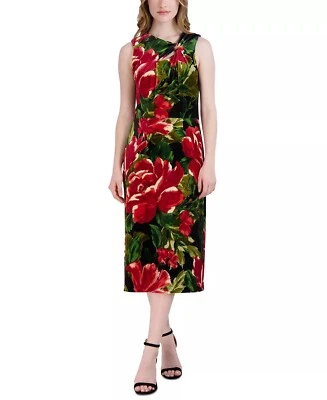 NUEVO VESTIDO VAINA MIDI DONNA RICCO NEGRO ROJO FLORAL PLISADO TERCIOPELO TALLA 16 Foto 1 de 3