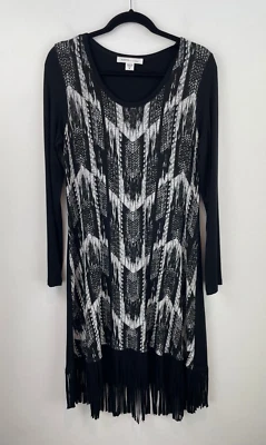 Karen Kane Medium Dress Black Fringe Hem Long Sleeve Stretch Boho Womens A53-10 - Image 1 of 4