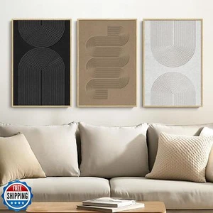 Framed Black and White Brown Abstract Wall Art, 3 Piece Boho Geometric Canvas - Picture 1 of 5
