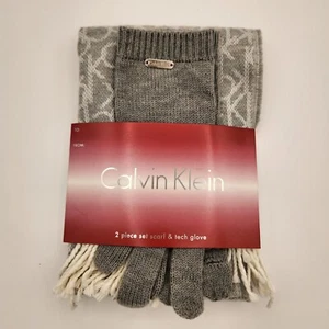 Calvin Klein Womens Gray/White 2-Piece Set Knit Muffler Scarf & Tech Gloves - Picture 1 of 6
