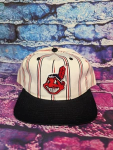 Vintage Cleveland Indians Chief Wahoo Starter weiße Nadelstreifen Druckknopflasche Mütze  - Bild 1 von 12