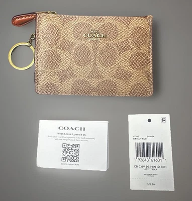 Coach Mini Skinny Id Card Case In Signature Coated Canvas Tan Rust 67162 NWT - Image 1 of 4