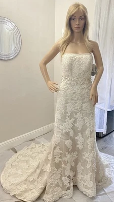 NWT Oleg Cassini Bridal Train  Wedding Dress Strapless Beaded Lace Ivory 4 $700  - Image 1 of 4