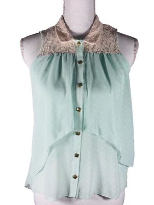 Heart Soul Mint Green White Polka Dot Blouse Button-Up Lace Yolk Collar Size XS - Image 1 of 4