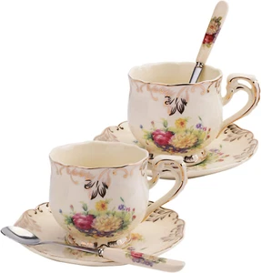 Set of 2 Tea Cup and Saucer, 8 Oz. Flowering Shrubs Ivory Ceramic Coffee Cup Fan - Picture 1 of 7