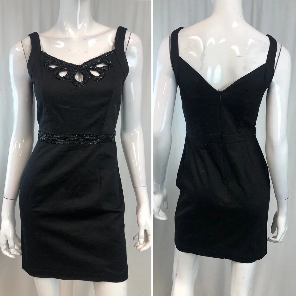 Yumi 2 4 Black Sequin Beaded Cotton Stretch Cut Out Sheath Vintage Mini Dress - Image 1 of 4