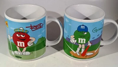 M&M Candy Coffee Mugs Green Yellow Blue Red Set of 2 Vintage 2002 Galerie  - Image 1 of 4