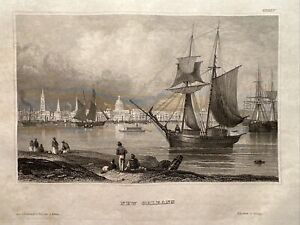 Antique Copperplate 1847 New Orleans America Ship Boat Illustration Engraving