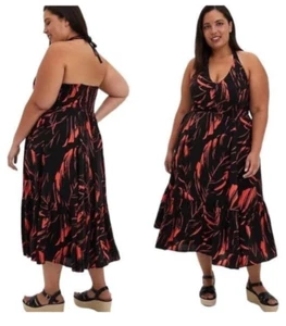 NWT Torrid Women 3X Halter Skater Midi Backless Dress Black Leaf Print Plus New - Picture 1 of 10