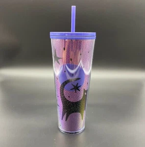 Bicchiere tazza fredda STARBUCKS Halloween 2020 gatto nero stelle luna viola 24 oz Venti - Foto 1 di 3
