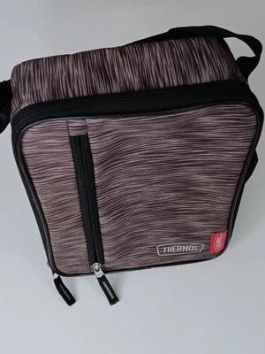 Bolsa de almuerzo termo aislada vertical marrón con líneas marrón oscuro acento negro  Foto 1 de 4