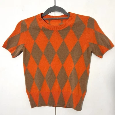 Suéter escocés 100 % cachemir para mujer S naranja argyle diamante manga corta Foto 1 de 4