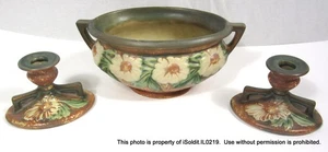 3-PC VINTAGE ROSEVILLE Dahlrose HANDLED PLANTER & Candlesticks - Picture 1 of 8