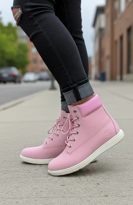 Timberland Groveton Womens Girls 6in Pink Leather Boots Stylish Side Zip A1P6D