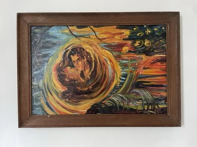 Pintura figurativa abstracta modernista grande original de mediados de siglo al óleo sobre tabla Foto 1 de 4